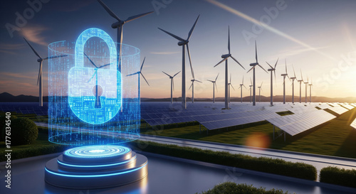 Wallpaper Mural Digital padlock wind turbine solar panel renewable energy cybersecurity futuristic technology landscape security sustainability innovation clean energy protection eco friendly power Torontodigital.ca