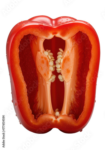 Vibrant red bell pepper, cut in half, vivid juicy cross-section, pearlescent seeds, fibrous details, isolated transparent, extreme macro. Concept of natural perfection.
