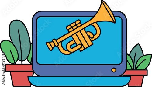 A computer monitor with a trumpet on it
