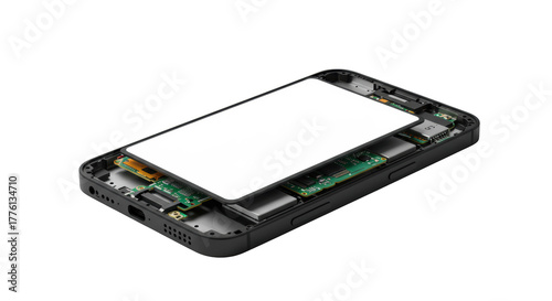 Sleek obsidian black smartphone with blank screen, macro cross-section revealing intricate internal components, transparent background. Concept of advanced engineering
