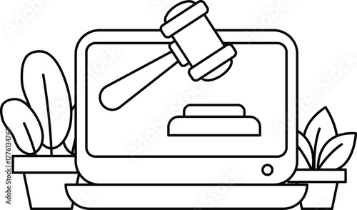 A black and white drawing of a judge's gavel on a computer screen