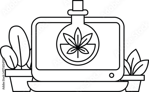 A black and white drawing of a plant with a bottle on top of it