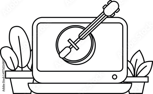 A black and white drawing of a guitar