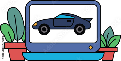 A cartoon car is displayed on a computer monitor