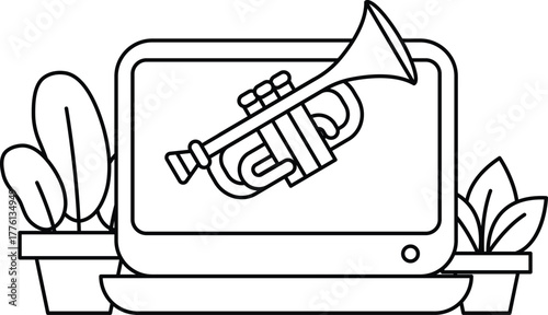A black and white drawing of a trumpet and a plant