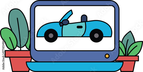 A cartoon car is displayed on a computer screen