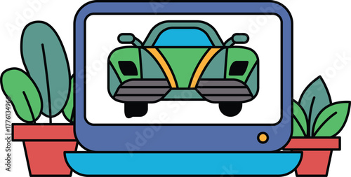 A green car is displayed on a computer monitor