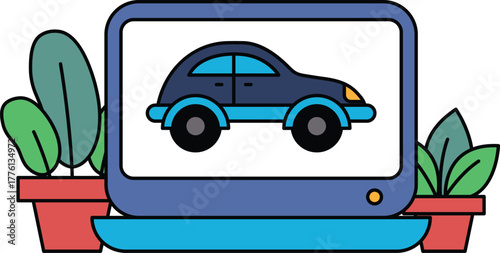 A cartoon car is displayed on a computer monitor