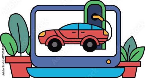 A red car is displayed on a computer screen with a green door