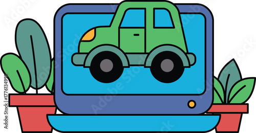 A green car is displayed on a computer screen