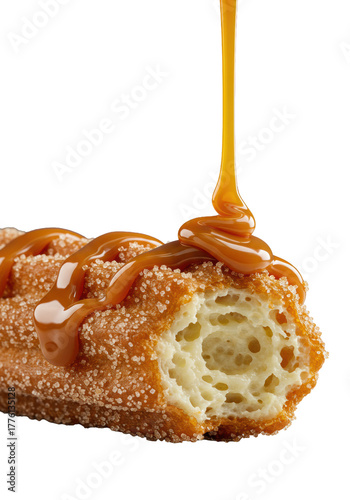 A freshly bitten golden-fried churro, glowing sugar, thick golden caramel glaze dripping, fluffy interior, on transparent with bokeh, extreme macro low-angle. Appetizing dessert concept