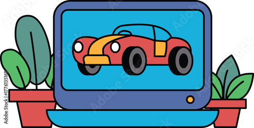 A cartoon car is displayed on a computer screen