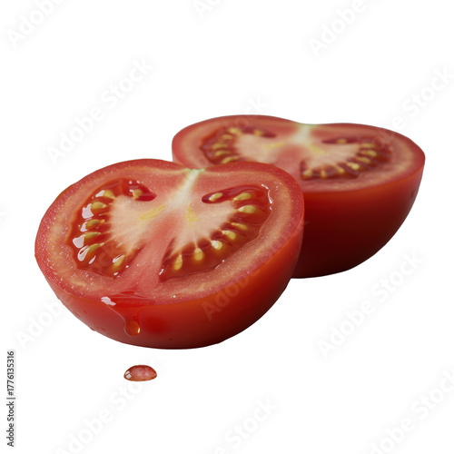 Extreme macro of a vibrant red tomato cut in two, showing wet pulp, translucent seeds & juice bead on transparent background with blurred rosemary, garlic, peppercorns. Concept of natural perfection