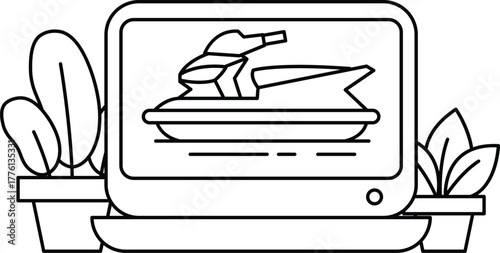 A black and white drawing of a boat with a jet ski on it