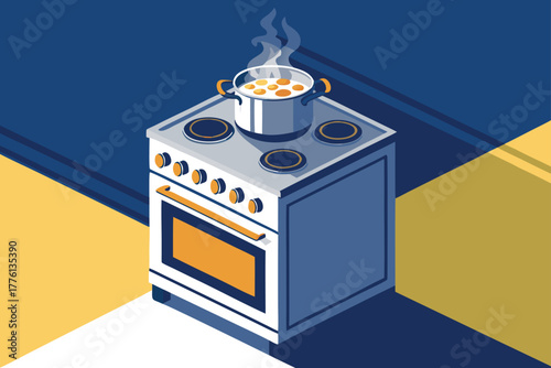 Angled view of a stove with a boiling pot and steam.
