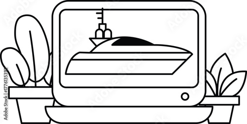A black and white image of a boat on a screen