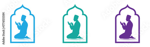 Muslim Prayer icon collection, Happy Ramadan and religion, islamic prayer vector icon set, vector graphics, editable stroke outline sign, eps 10