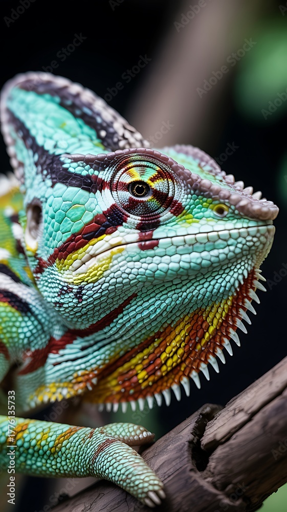 Obraz premium Detailed macro shot of a colorful chameleon on a branch, highlighting its textured skin