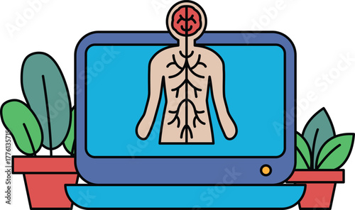 A computer monitor displays a drawing of a human body with a brain and red veins