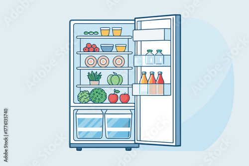 Angled view of a refrigerator brimming with fresh groceries.