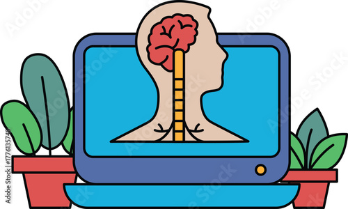 A computer monitor shows a brain with a red stem