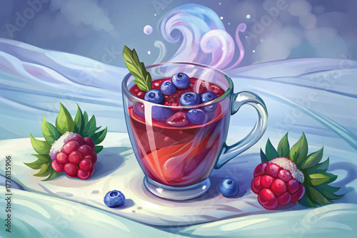 Steaming berry infusion tea with floating blueberries and raspberries served in clear glass, placed on snow in frozen winter garden