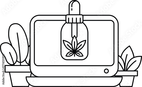 A black and white drawing of a computer monitor with a bottle of cannabis oil on