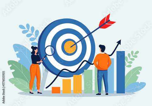 Business success strategy, achieving goals with analytics and growth charts, aiming for business development and targets