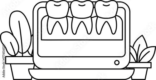 A black and white drawing of a toothbrush with three teeth on it