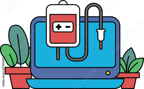 A computer monitor with a red blood bag and a syringe attached to it