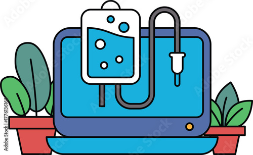 A computer monitor with a blue liquid in a bag next to it