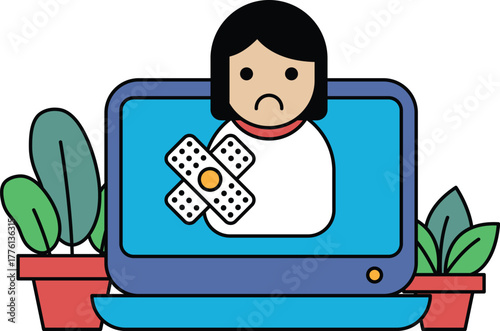 A girl is holding a bandage on her arm