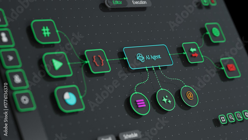 Camera focused on the AI Agent node automation with blur effects. 3d render of an AI automation system.