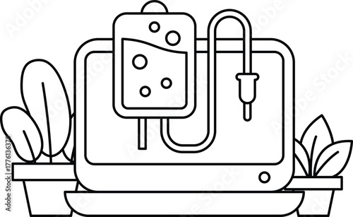 A computer monitor with a syringe attached to it