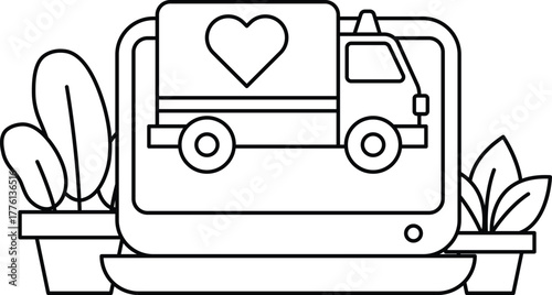 A black and white drawing of a truck with a heart on it