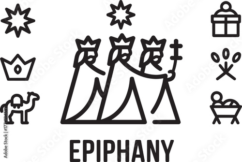 Epiphany Holiday Three Kings Magi Icons Set Star Crown Gift Nativity Elements