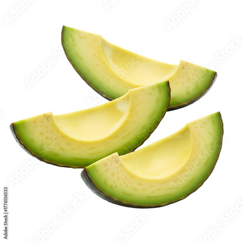 Fresh avocado slices stacked in a pile on transparent background