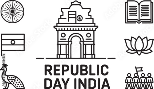 India Republic Day national holiday line icon collection set patriotic celebration symbols