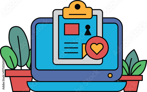 A computer screen with a clipboard and a heart on it