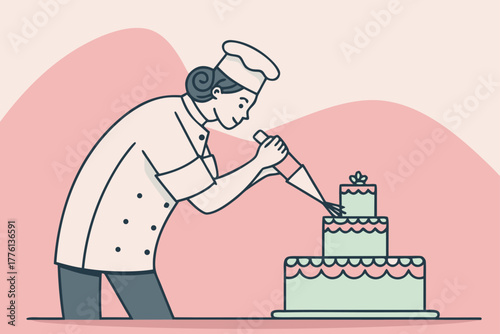 Chef decorating a cake with an icing bag, flat shading.