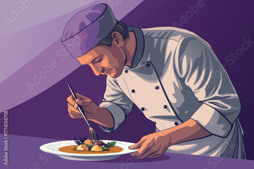 Chef meticulously plates a gourmet meal with precision.