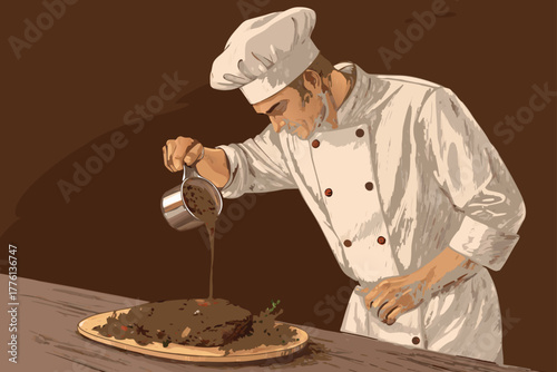 Chef expertly drizzles sauce onto a perfectly cooked steak.