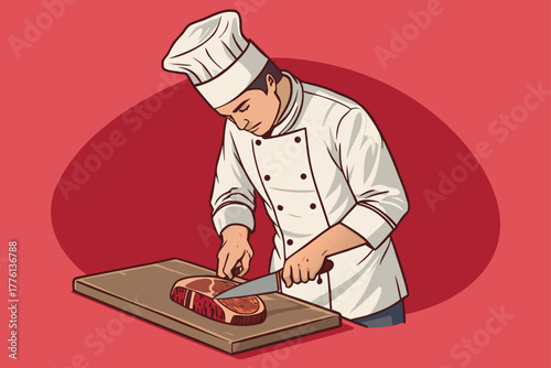 Chef slicing meat on cutting board, flat shading style.