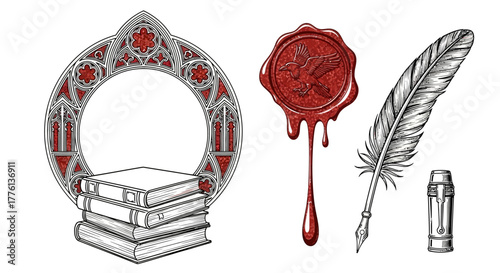 Dark academia vector elements with gothic book frame, wax seal, and quill pen for scholarly branding