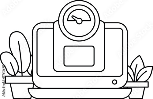 A black and white drawing of a scale with a clock on it