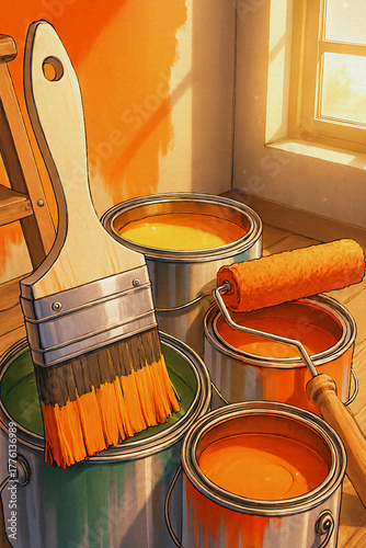 paint can and brush oil painting style illustration 