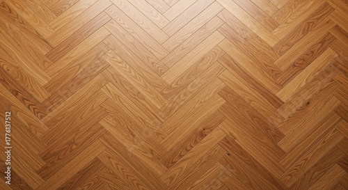 Closeup of a herringbone wood floor pattern, showcasing the natural texture and warm tones of the parquet flooring design