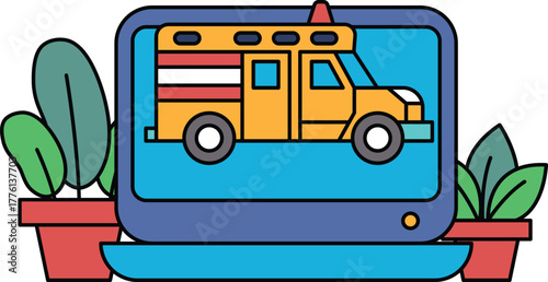 A cartoon drawing of a yellow school bus with an ambulance on top