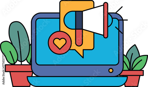 A computer monitor with a large red and yellow speaker on it