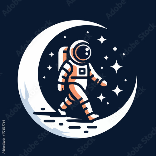 Astronaut walking on the moon with stars in the background.